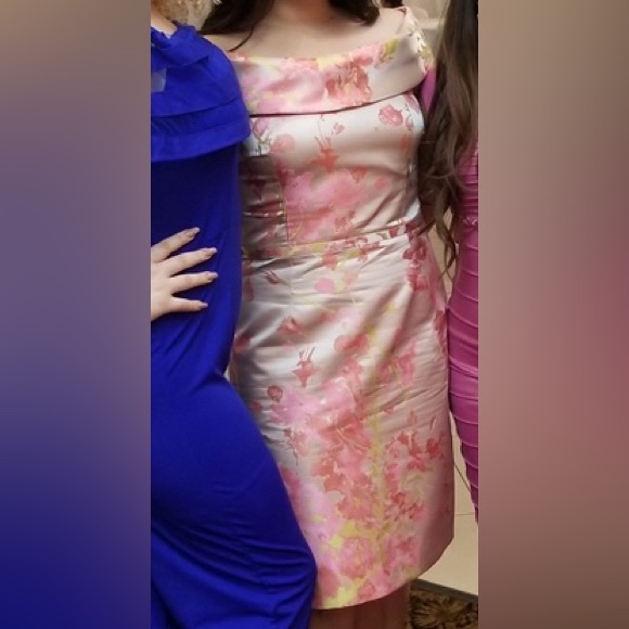 Teri Jon Rickie Freeman pink fuchsia yellow floral pencil sheath satin dress 12 - Picture 2 of 3